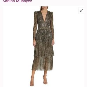Sabina Musáyev Carry Tiered Belted Metallic Dress- Gold